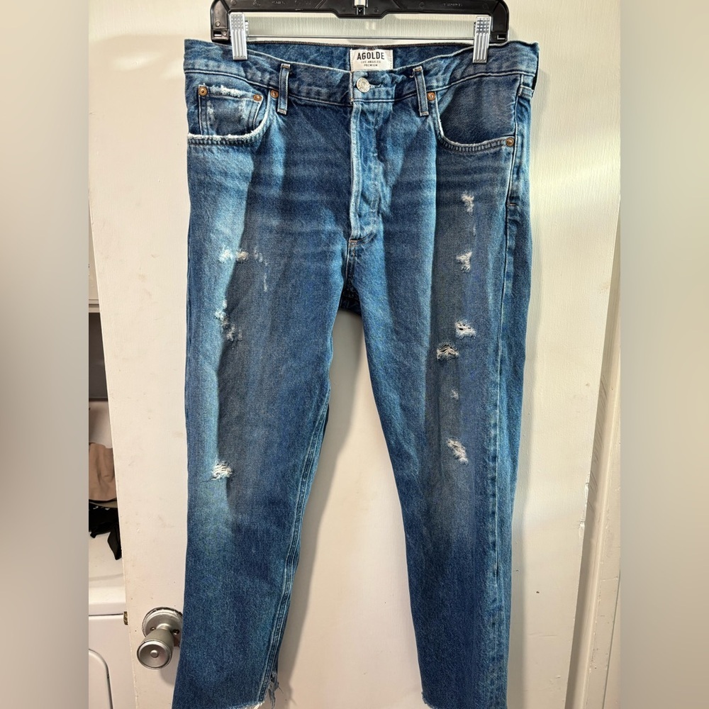 Agolde Jamie High Rise Classic in Lowdown Distressed Denim Jeans Size 31